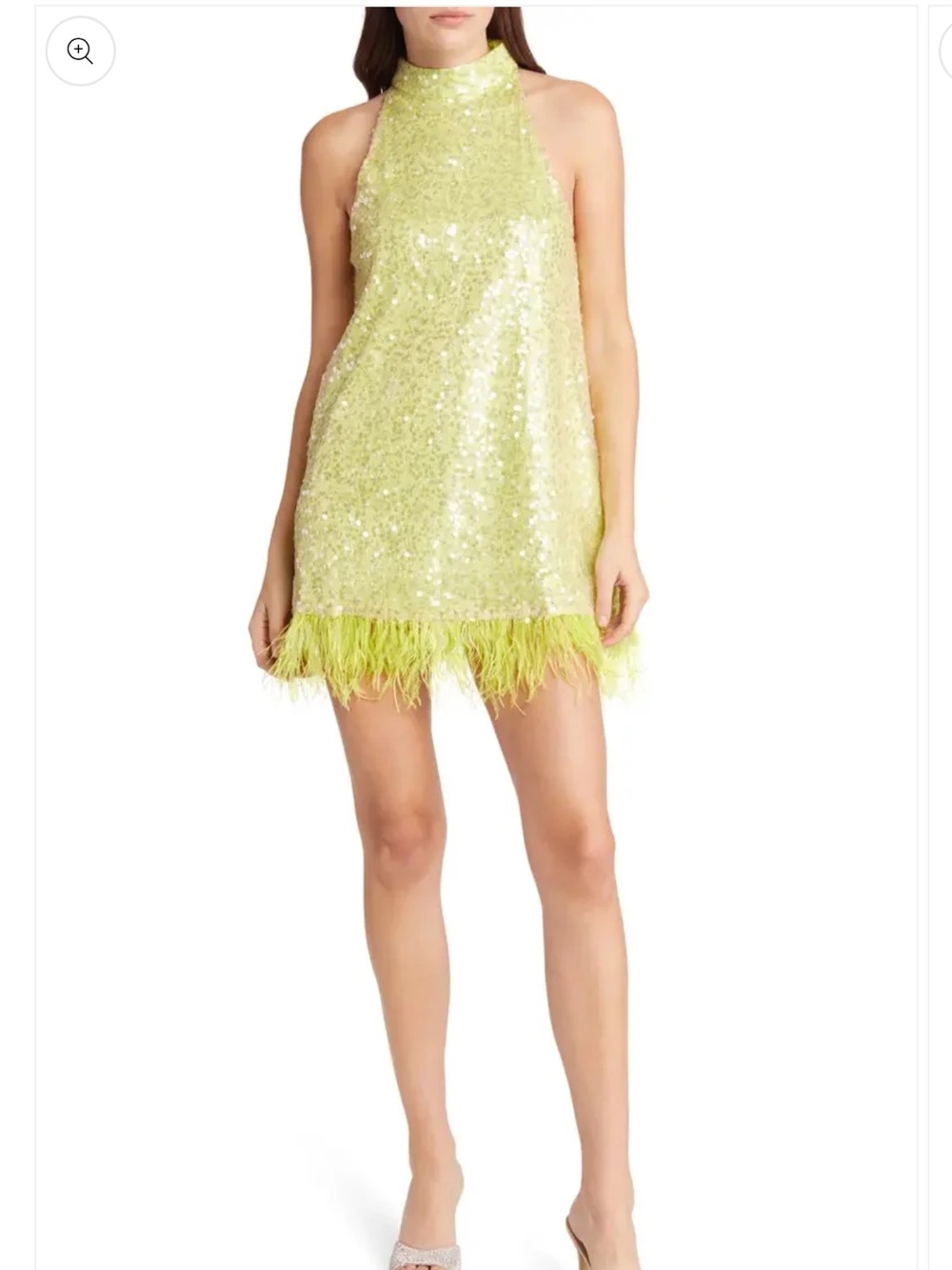Sequin Halter Mini Dress with Feather Hem - Lime